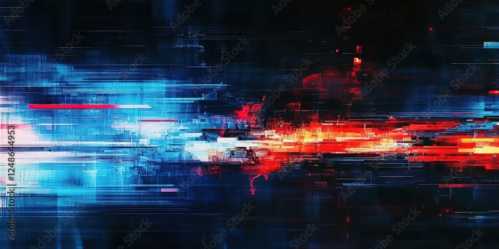 Poster abstract digital glitch background with colorful lines and stripes representing motion and technolog