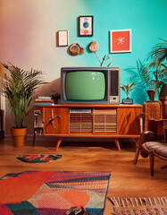 A retro living room with an old TV and 80s decor