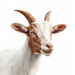 Fototapeta premium A goat with horns and a white face is staring at the camera