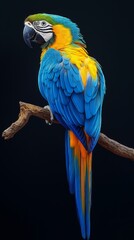 Obraz premium Vibrant scarlet macaw perched on a branch, detailed feathers in red, blue, and yellow on black background.