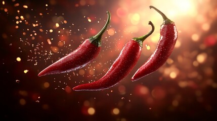 Three red chili peppers suspended in a dynamic, sparkling background.