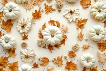 elegant autumn flat lay featuring dried maple leaves, miniature white pumpkins, and dried wildflowers arranged in spiral pattern on cream background