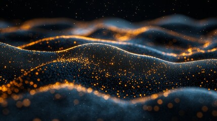 Abstract Illuminated Waves Golden Particles Flowing on Black Background, Data Visualization Concept