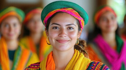 Fototapeta premium A smiling woman wearing vibrant traditional clothing stands in front of others, showcasing rich cultural attire and joyful expression.