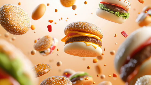Floating burgers with beef patties, lettuce, and cheese on a plain yellow background.