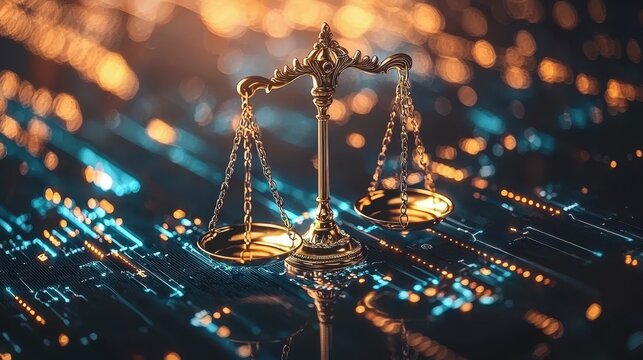 Golden scales of justice on a glowing cyber network background, symbolizing AI ethics and digital law