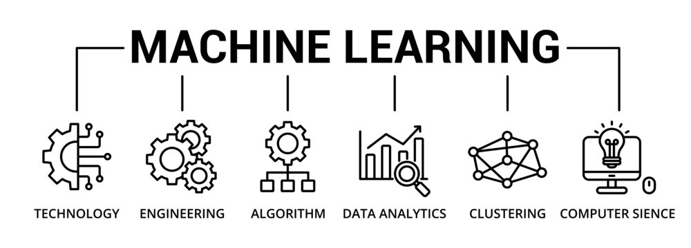 Machine Learning banner icon with technology, engineering, algorithm, data analytics, clustering, computer sience