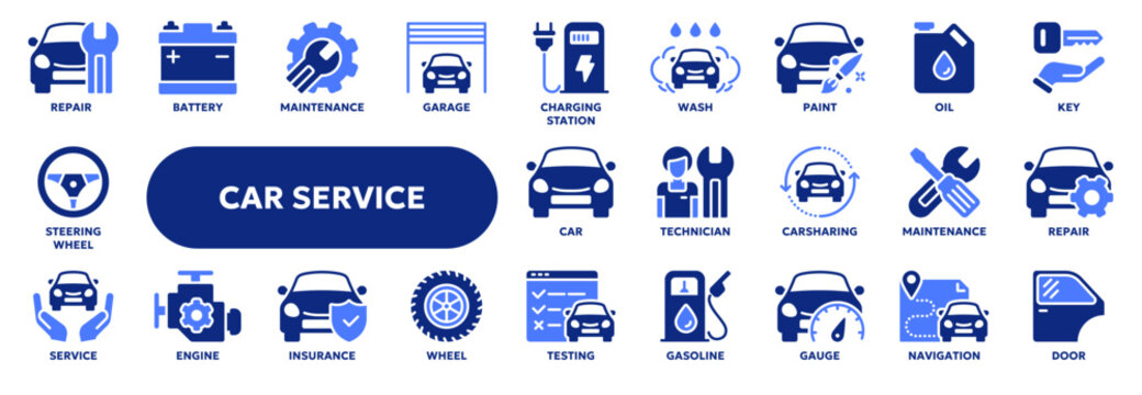 Set of vector line icons related to car service, auto repair and maintenance. Symbols for website or app ui, logo design, illustration