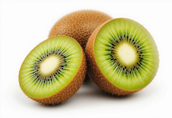 Fototapeta premium Fresh Kiwi Fruit and Halves with Vibrant Green Flesh Isolated on White Background