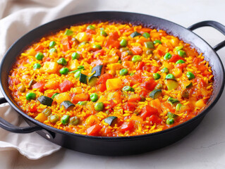 Vibrant vegetable paella with colorful rice and fresh vegetables