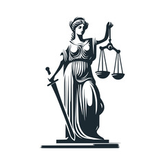 The standing of justice lady black white illustration. vector symbol.