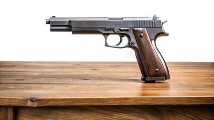 Detailed View of Handgun Placed on Wooden Table Surface