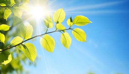 Sun-Drenched Spring Close-Up of Vibrant Green Leaves on Branch with Natural Lens Flare