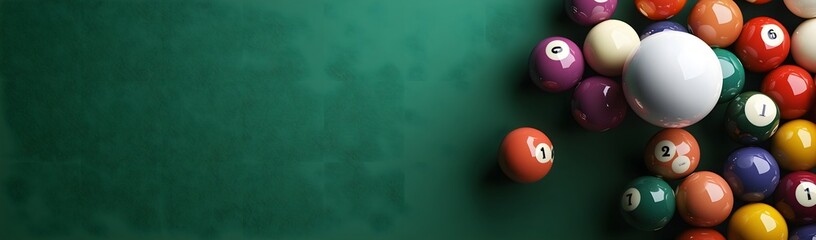 Pool balls on green felt table, cue ball central