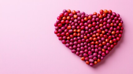 Colorful Heart Shape Made of Various Fruit or Berry Shapes on Pink Background