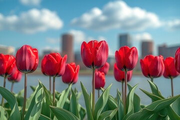 Vibrant red tulips in full bloom by a serene waterfront, with modern city skyline and fluffy clouds in the background
