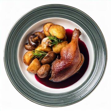 Generated image Traditional French coq au vin with red wine and mushrooms