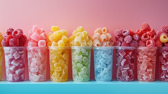 Summer berries and fruits in bright, transparent containers sits against a soft pastel background. National frozen food day banner with copy space.