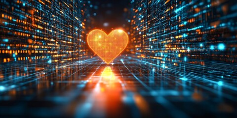 Glowing Red Heart Icon Against A Futuristic Technological Network, Digital Heart In Metaverse