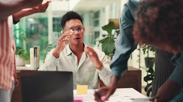 Creative team, manager and business man planning, ideas and delegation on laptop. Group, leader and discussion for collaboration, strategy or brand consultant working on campaign project in startup