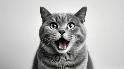 A surprised gray cat in black and white, with wide eyes and an open mouth, expressing curiosity and excitement on a neutral background.