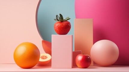 Playful still life with vibrant fruits and geometric shapes
