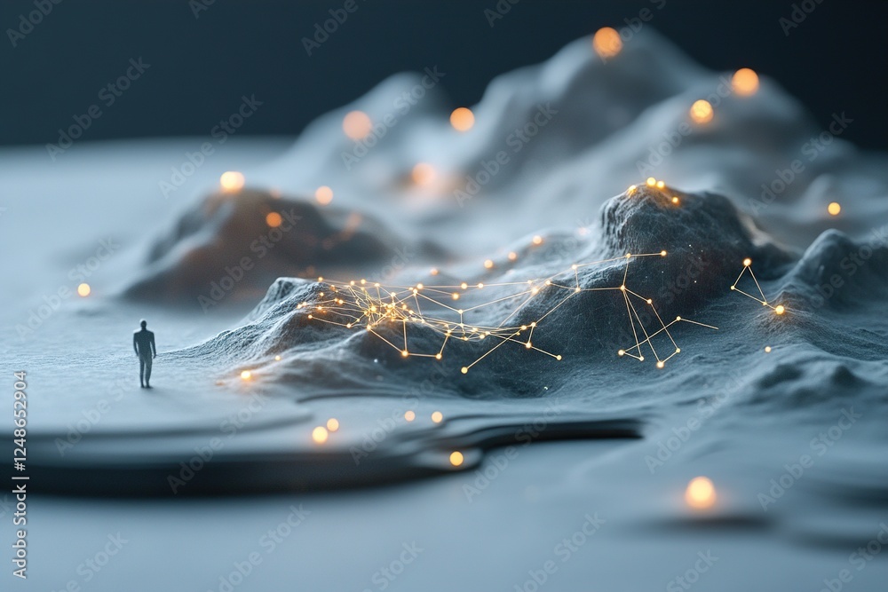 Canvas Prints A figure stands amidst an elegant cosmic digital landscape filled with glowing interconnected dots that form constellations, evoking a futuristic networking atmosphere