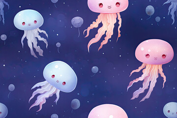 Cute Jellyfish in a Dreamy Space Seamless Pattern