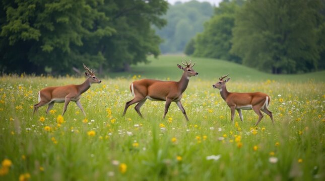 Tranquil Meadow with Grazing Deer and Wildflowers in Bloom