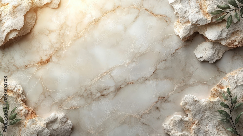 Poster beige marble texture background with rocks and leaves; ideal for product display