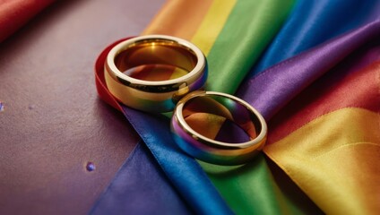 Two golden wedding rings rest on a rainbow fabric, symbolizing love, equality, and LGBTQ+ pride