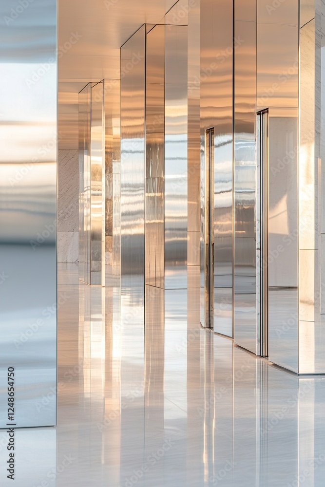 Poster an endless corridor features mirrored metallic panels that softly distort reflections of unseen shap