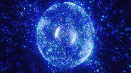A blue sphere dotted with lights, floating in a dark expanse, reminiscent of a celestial body in a distant galaxy, highlighting abstract and digital art elements
