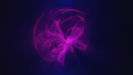 Purple glowing abstract sphere shape resembling energy waves on a dark background