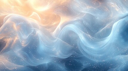 Ethereal abstract waves of soft blue and warm orange hues blending seamlessly, creating a tranquil and dreamy atmosphere