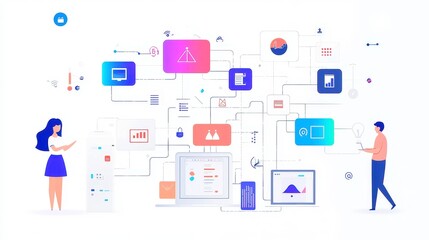 Digital Business Ecosystems in a Hyper-Connected World, featuring simple vector line art, emphasizing growth, connectivity, and innovation in a dynamic digital landscape.