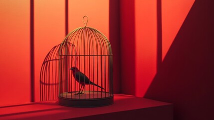 Minimalist red cage with a bird silhouette against bold lighting