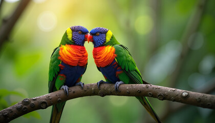 Naklejka premium Two rainbow lorikeets touching beaks on a tree branch
