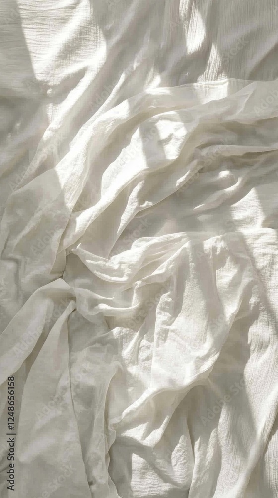 Poster a calming view of an unmade bed illuminated by soft morning light. the white sheets are slightly cru
