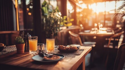 Cozy cafe setting with breakfast and sunlight