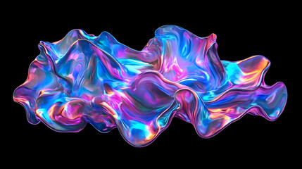 Obraz premium Bold holographic liquid blob shape isolated. Iridescent wavy melted substance on black background