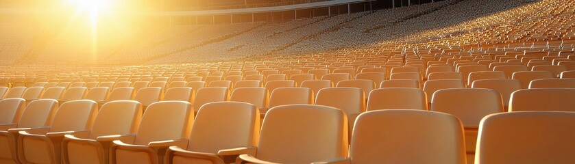 Fototapeta premium A warm, sunlit view of empty stadium seats, creating a serene atmosphere, capturing the essence of anticipation and quiet before an event.