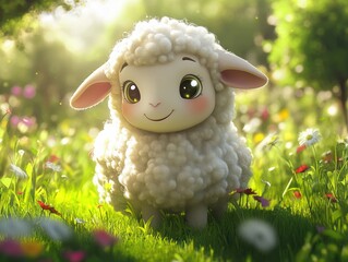 Cute cartoon sheep playing in a vibrant flower meadow during a sunny afternoon