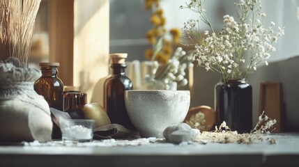 Rustic table with herbs and ceramic jars