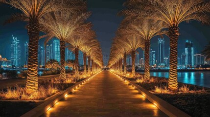 Naklejka premium Night Walk in Dubai: Illuminated Palm Trees and City Skyline