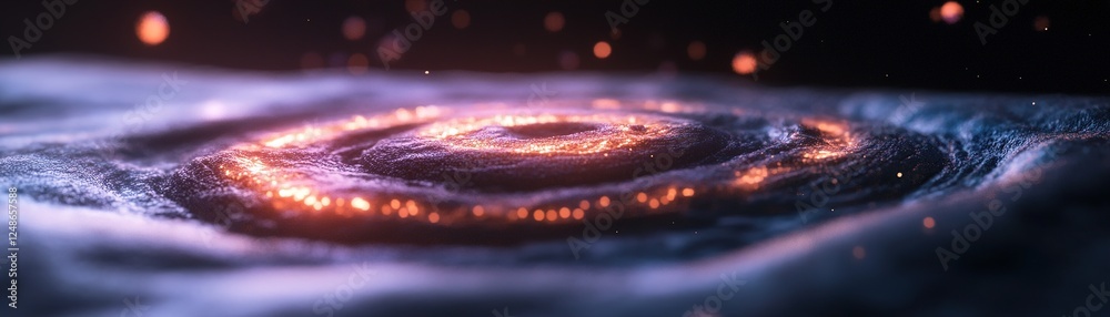 Poster glowing rhythmic sound waves float in an infinite black space, softly pulsating to embody deep bass 