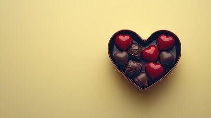 Heart-Shaped Box of Assorted Chocolate Candy on Yellow Background