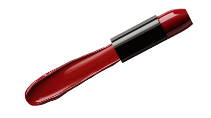 A single elegant liquid lipstick, isolated on a transparent background, showcasing its rich color and glossy finish