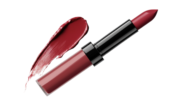 A single elegant liquid lipstick, isolated on a transparent background, showcasing its rich color and glossy finish