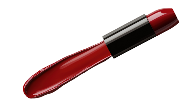 A single elegant liquid lipstick, isolated on a transparent background, showcasing its rich color and glossy finish